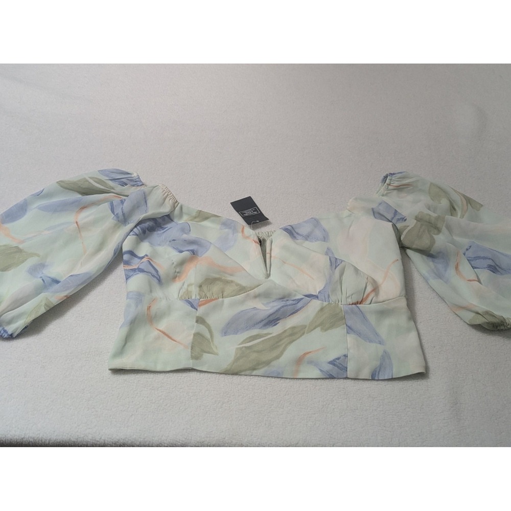 Abercrombie & Fitch Top Crop Abstract Floral Ruched Back Puff Sleeves Sz‎ Med